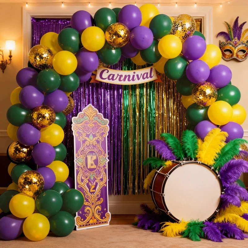 Kit de arco de globos de carnaval de Mardi Gras de 102 piezas, juego de globos de látex de oro verde púrpura, para decoración de fiesta de carnaval, decoración de fiesta de cumpleaños de mascarada
