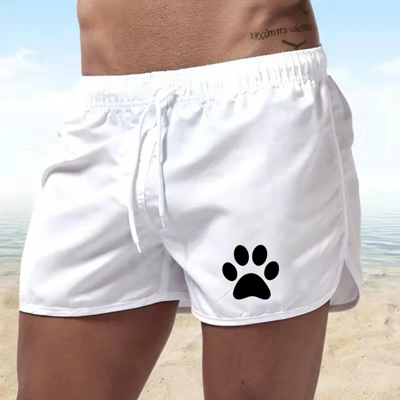 Summer New Men\'s Sports Leisure Breathable Fitness Drawstring Quick Dry Loose Men\'s Beach Pants Solid Color Shorts Dog Paw Print