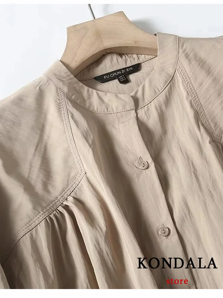 KONDALA Casual Vintage Women Shirts Solid O-Neck Single Breasted Long Sleeve Loose Blouse New Fashion 2023 Autumn Holiday Blouse