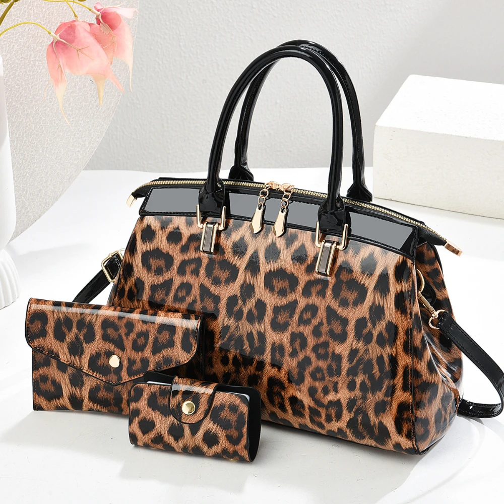 Retro Leopard Print Design Womens Handbag With 2 Pieces Small Purse Bright Glossy Top Handle Bag Crossbody Single Shoulder Bags