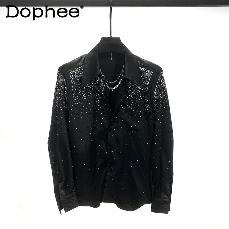 

2025 New High-End Heavy Rhinestone Long Sleeve Shirt for Men Korean Style Loose Casual Thin Turn-Down Collar Shirt