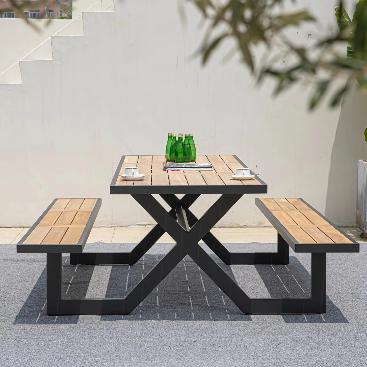 da- Hollywood Picnic-Style Table & 2 Bench Set Outdoor Aluminum Frame with Non-Wood Top for Garden Patio Hotel Dining