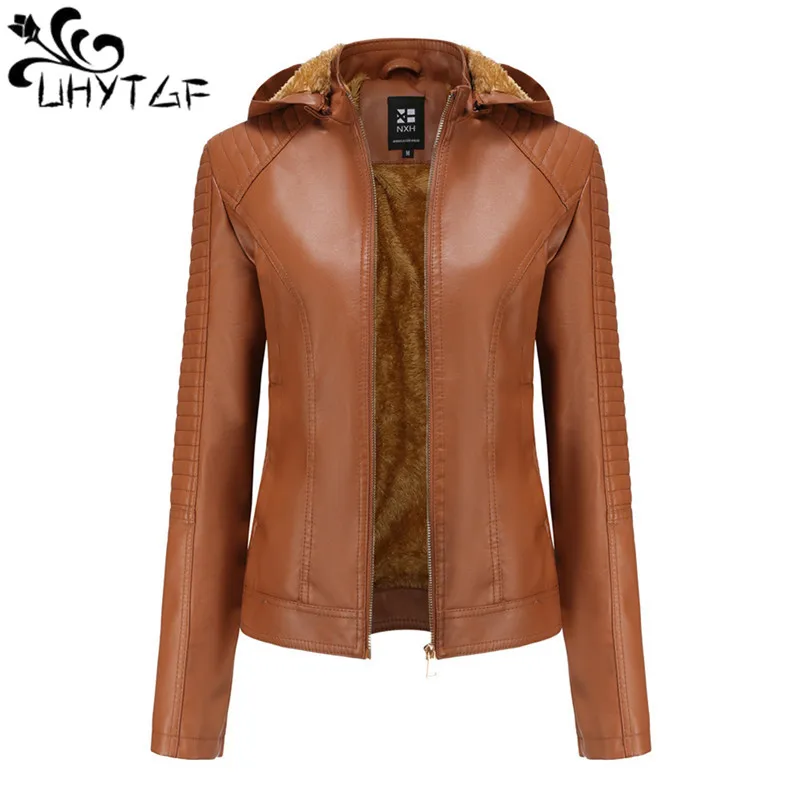 

UHYTGF Leather Jacket Women Fleece Hooded Warm Autumn Winter PU Leather Jacket Female Zipper Punk Hat Detachable Short Coat 2752