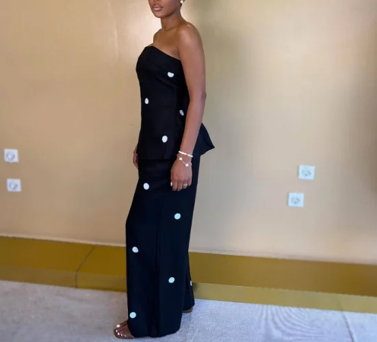 Two Piece Set Women Outfit 2026 Spring Summer New Fashion Polka Dot Print Strapless Back Slit Vest Top & High Waisted Pants Set