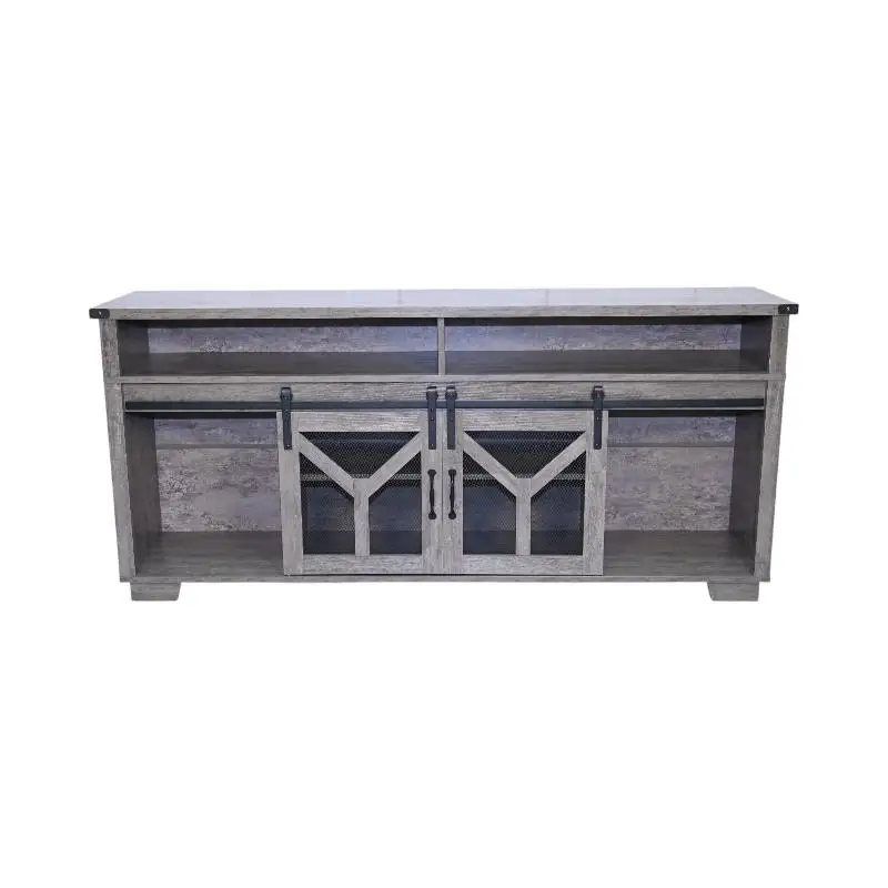 Soporte para TV de 65,3" con tiras de luz LED y puerta de granero de malla de hierro, estilo granja gris campestre