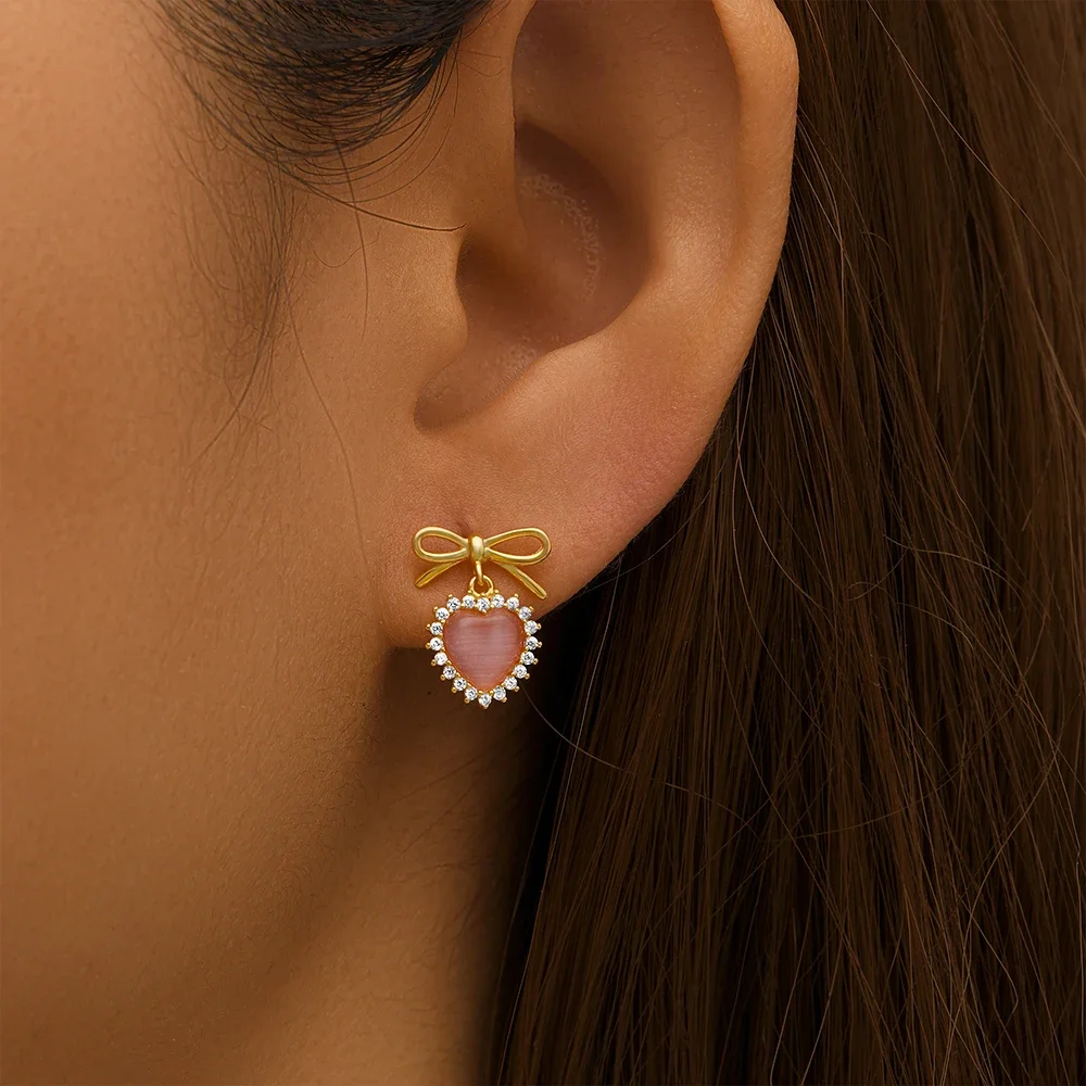 CANNER 925 Sterling Silver Bow Pink Heart-Shape Zircon Stud Earrings For Women 18K Gold Ins Earrings Fine Jewelry Party Gifts