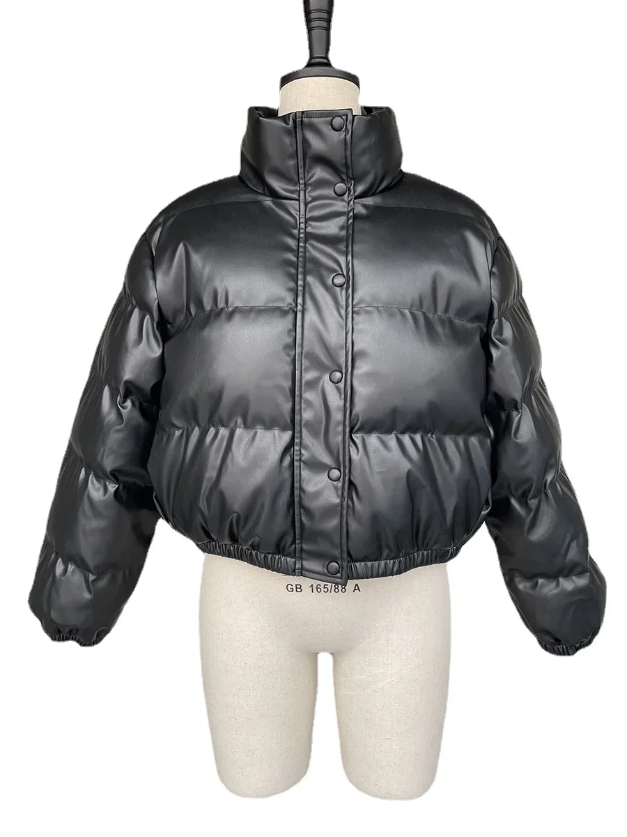 Dicke, warme, kurze Parkas für Damen, schwarze PU-Ledermäntel, elegante Baumwolljacken mit Reißverschluss, Damenmode, Winter