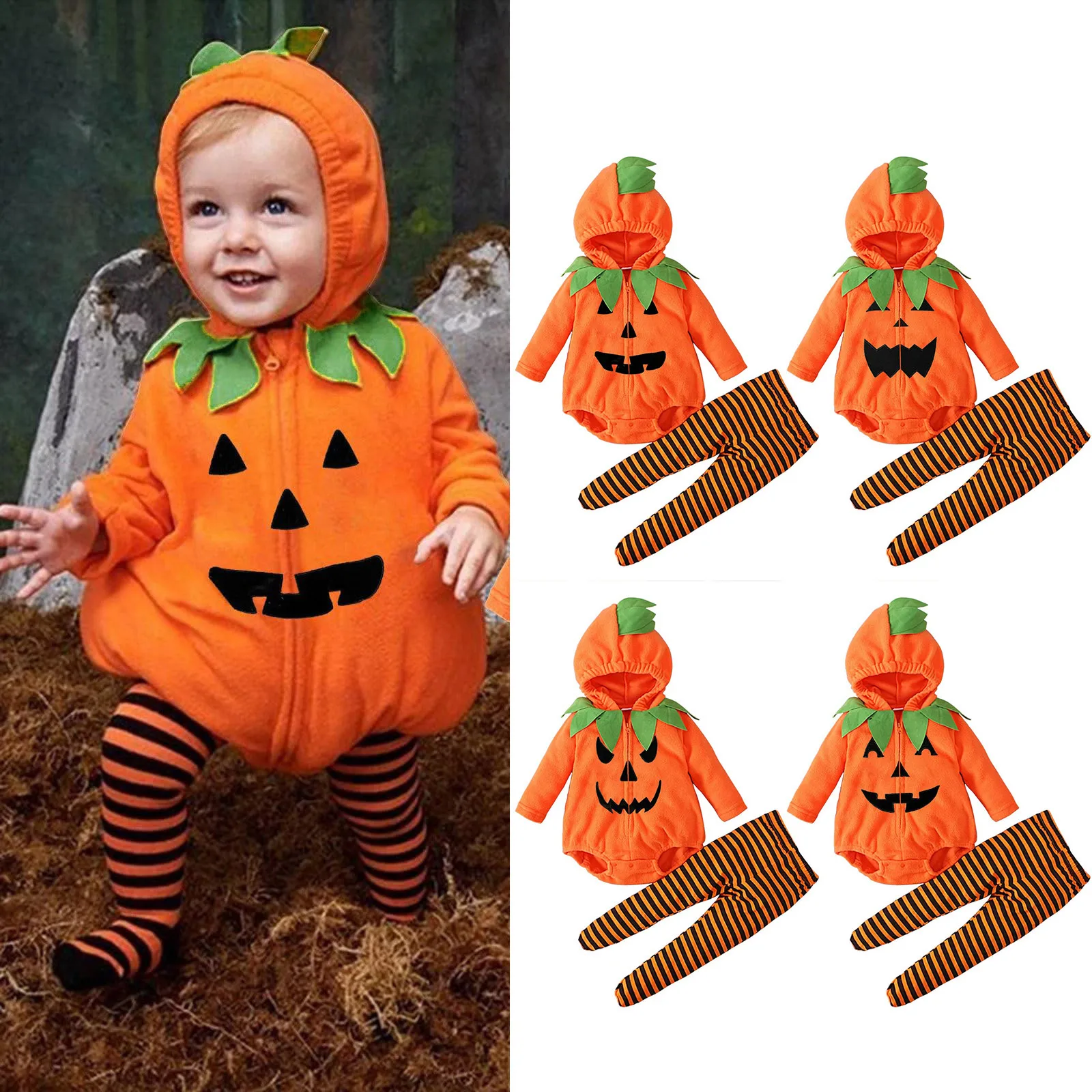 Baby Halloween Cute Outfits Orange Pumpkin Face Fleece body e Stripes Leggings 2 pezzi Set il mio primo Costume da bambino di Halloween