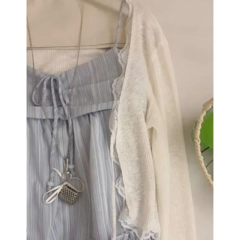 Korean Coquette Fashion 2pcs Set Women Tie Front Lace Ruffle Hem Cami Top Cropped Cardigan Slim Fit Casual Daily Outfit 2026