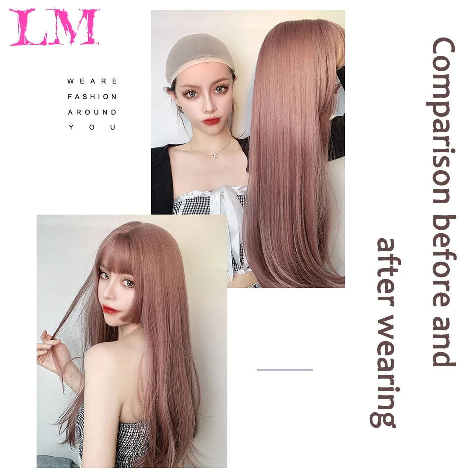 LM Synthetic Long Straight Lolita Wig with Bangs Natural Black Purple Multiple Colour Hair for Women Cosplay Anime Wig