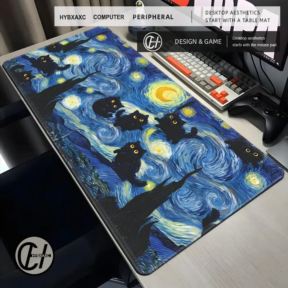 Starry Night Cute Black Cats Desk Mat Van Gogh Inspired Art Mouse Pad Laptop Keyboard Accessories Mouse Pad Anti-slip Mousepad