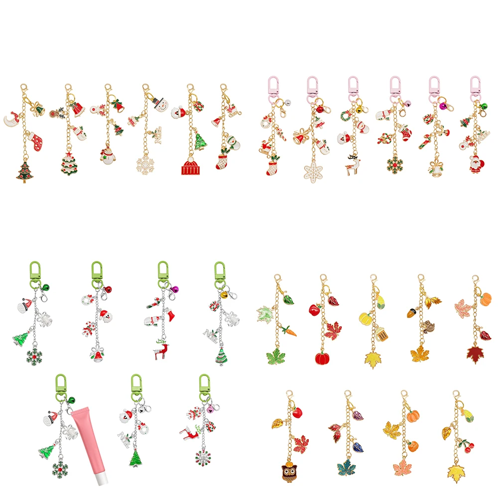 

6/9Pcs Christmas Dangle Pendant Key Chain Lip Balm Charm Keychain Metal Autumn Leaf Dangle Keyring Bag Key Purse Hanging Decor