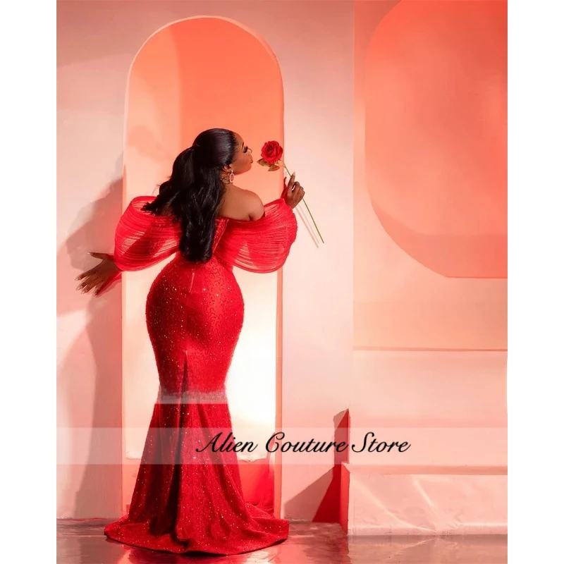 

Impressive Red Beads Aso Ebi Evening Dresses 2026 Ruched Off The Shoulder African Lace Up Mermaid Wedding Party Dress Customized