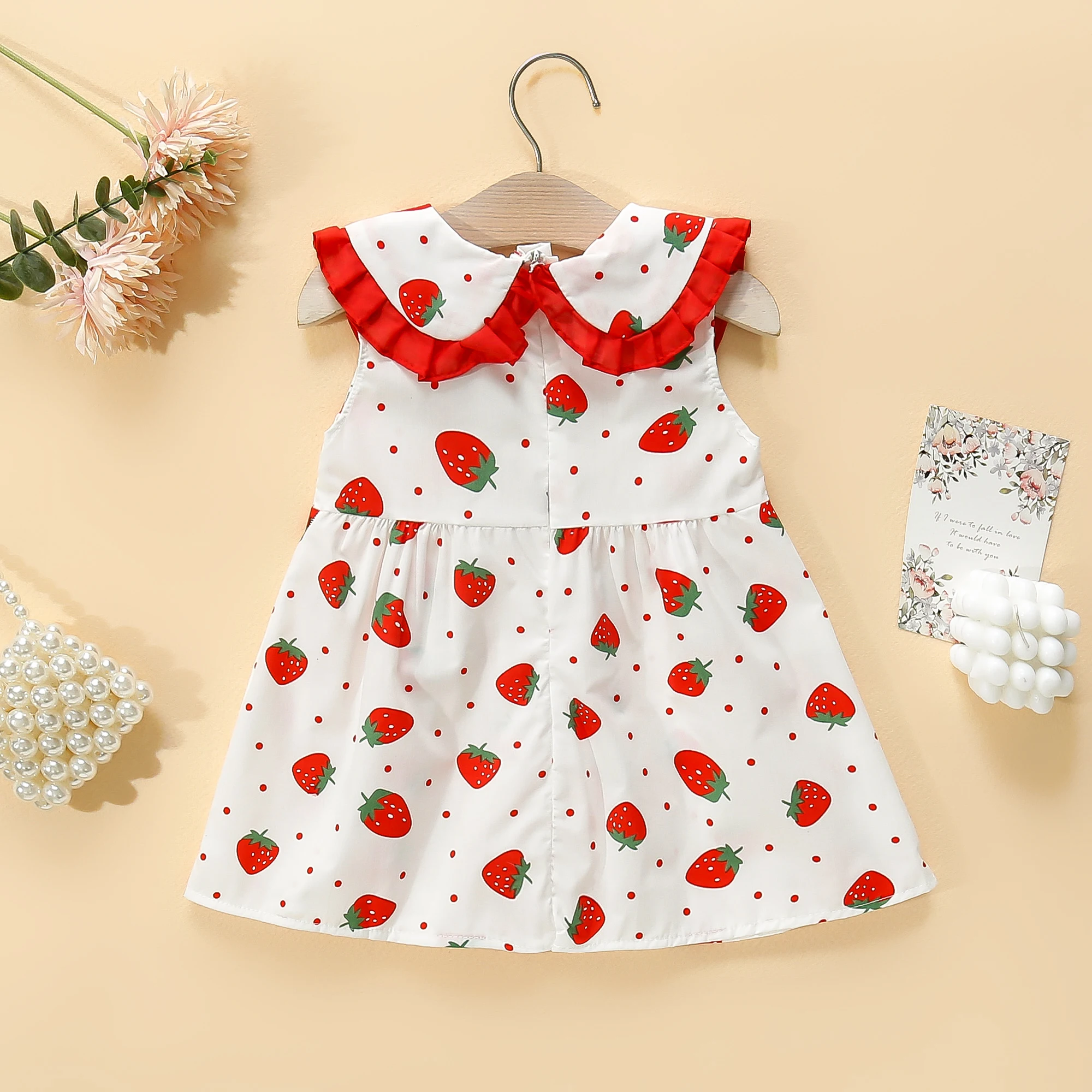 Girls\' Dress Bag 2/Piece Set Summer Little Girl Big Collar Full of Strawberry Dot Printed Princess Dress