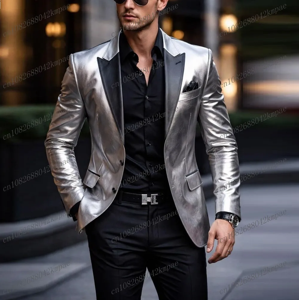 

Silver Leather And Black Men Suit Formal Groom Groomsman Wedding Party Prom Male Business Tuxedos 2 Piece Set Blazer Pants
