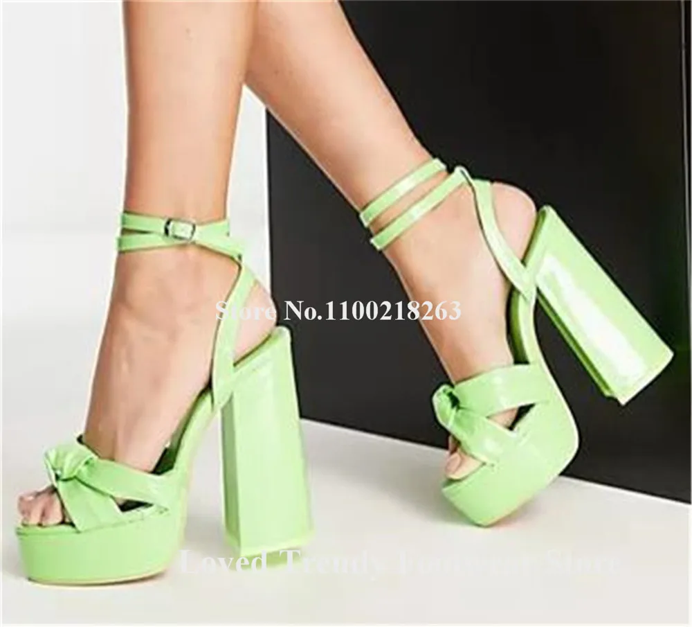 

Cute Bowtie High Platform Block Heel Sandals Charming Green Purple White Patent Leather Straps Cross Chunky Heel Dress Shoes