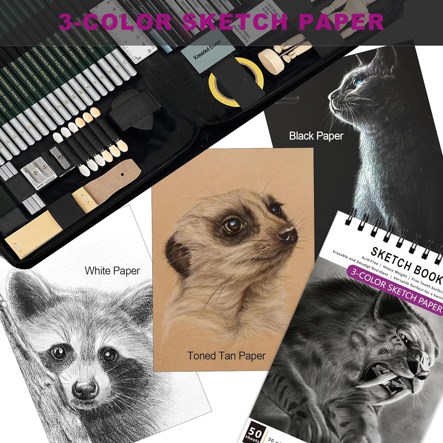 مجموعة رسم مكونة من 70 قطعة، لوازم فنية احترافية مع كراسة الرسم، الجرافيت، الباستيل، أقلام الفحم، أدوات المزيج