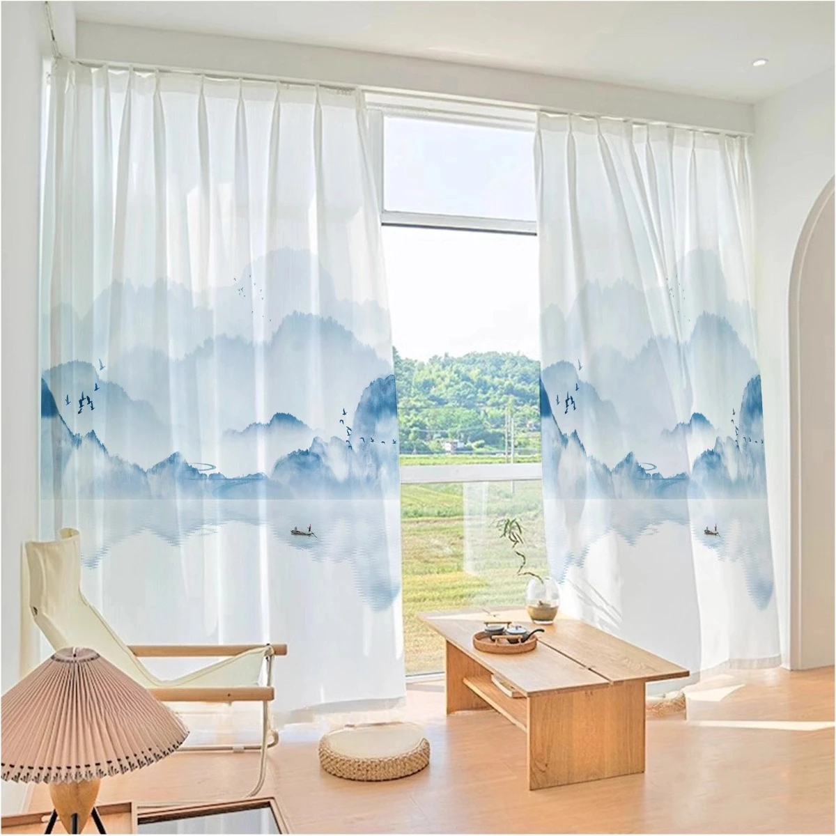 Custom Size New Chinese Landscape Painting with Printed Curtains Transparent But Not Transparent Crown Window Screens Luxury