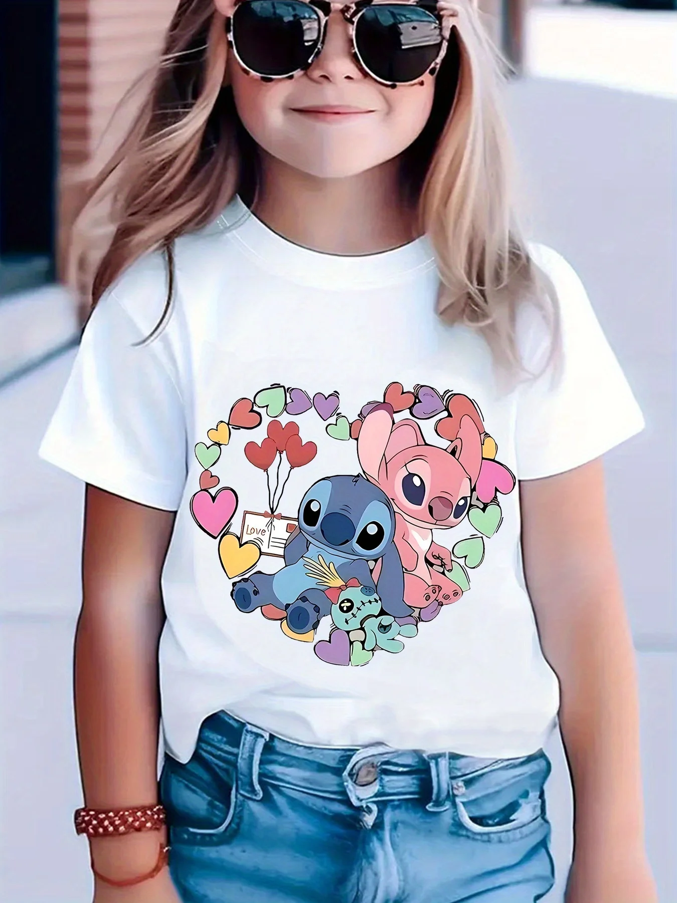 

Stitch Angel Print Girls T-Shirt Short Sleeve Cotton Tees Kids Cartoon Disney Y2k Tops Girl T-shirt Summer Children's Clothing