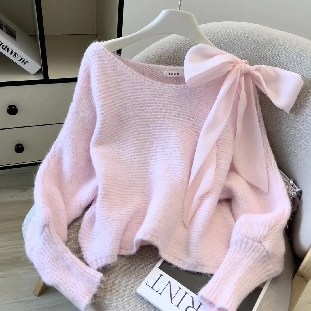 

ALPHALMODA 2025, корейский стиль, милый бант, свободный, вязаный свитер, для женщин, осень, новинка, однотонный пуловер-топ