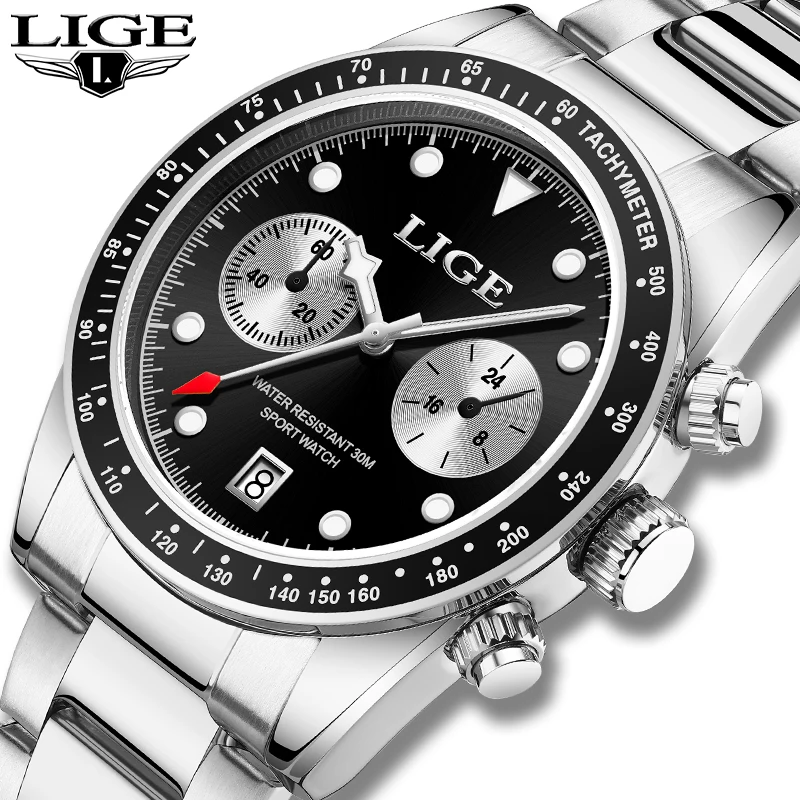 

LIGE Men's Watches Top Brand Fashion Stainless Steel Quartz Watches for Men Luxury Business Watch Man Calendar Chronograph Clock