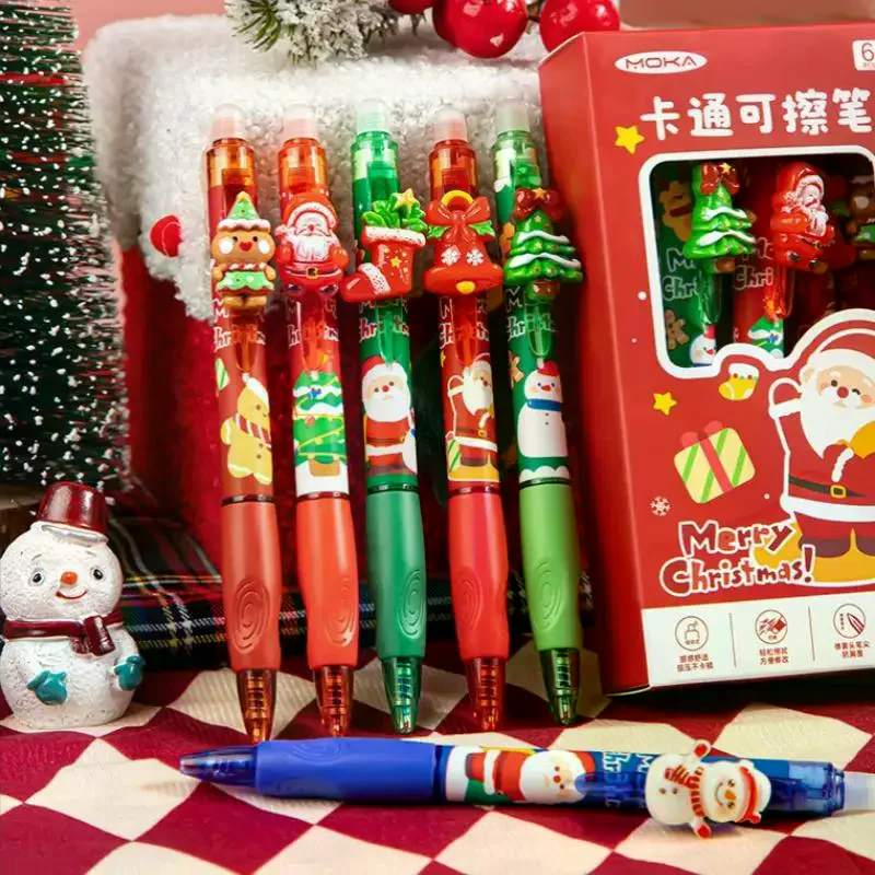 

6Pcs Cartoon Christmas Themed Erasable Gel Pens Kawaii Quick-Drying Writing Smooth Blue Ink Neutral Pens Student Stationery Gift