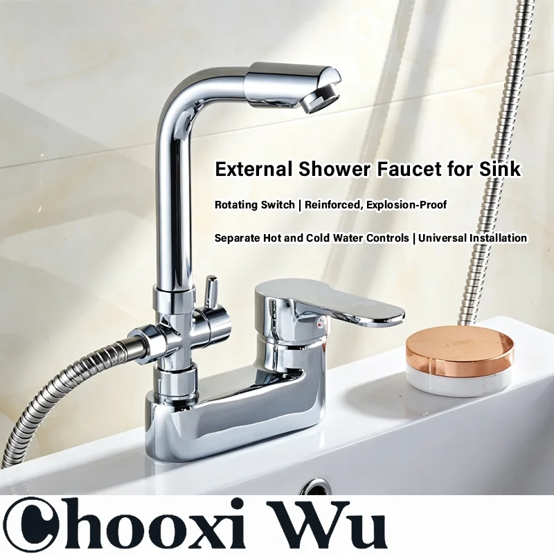 Two-hole faucet for hot and cold water, external showerhead for sink, shower, and face basin, ceramic basin, countertop basin, s