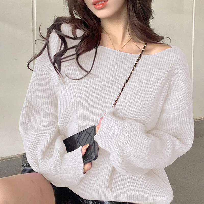 

2023 Thick Knitted Simple Pullover Sweater for Women Jumper Autumn Winter Loose Tops Solid Color One Line Neck Sweaters 29089