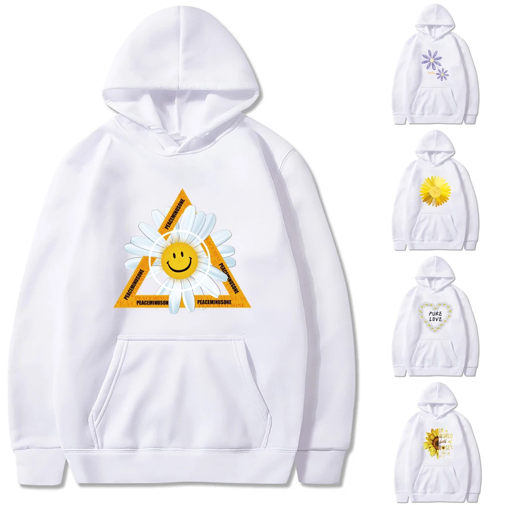 Streetwear Daisy Print Hoodies Men Women Autumn Harajuku  Hooded Sweatshirts Students Couple Casual Loose Long Sleeve Pullovers
