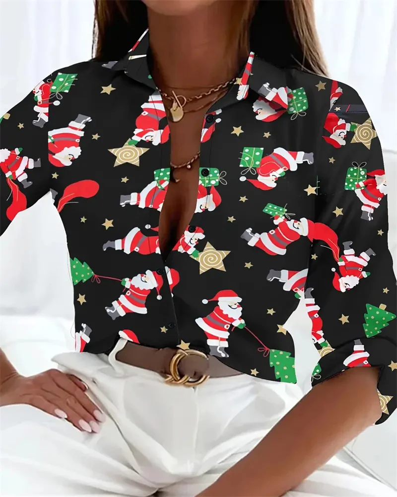 2023 Christmas Gift Plus Size Women\'s Shirt Christmas Snowman Theme Shirt 3D Printed Casual Long Sleeve Streetwear Clothing 6XL