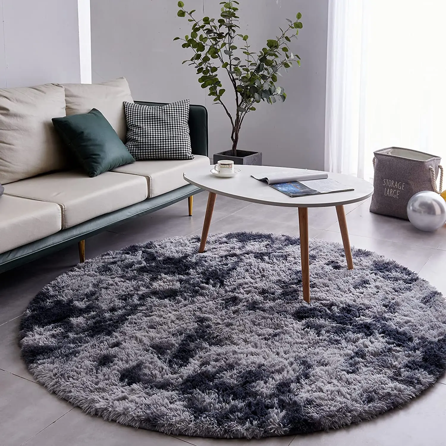 Tie-Dyed Dark Grey Round Rug Ultra-Soft Plush Modern Circle Area Rug for Kid's Bedroom Fluffy Shag Circular Rug for Nursery Rug