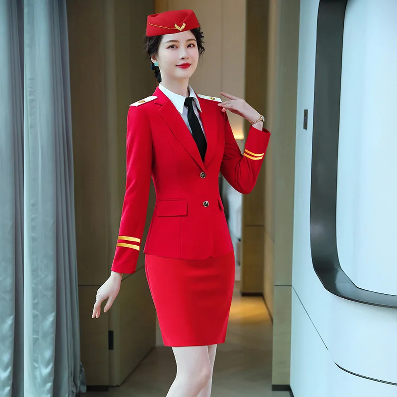 Airline Stewardess Security Woman Long Sleeve Work Uniform Blue Red Pants Skirt Suits Professional Commuting Formal Clothing