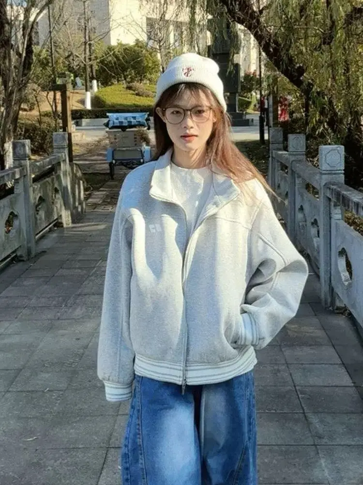 Retro American Embroidered Open Cardigan Baseball Jacket Women's Loose Lazy Style Autumn Winter New plus Size Letter Short Coat
