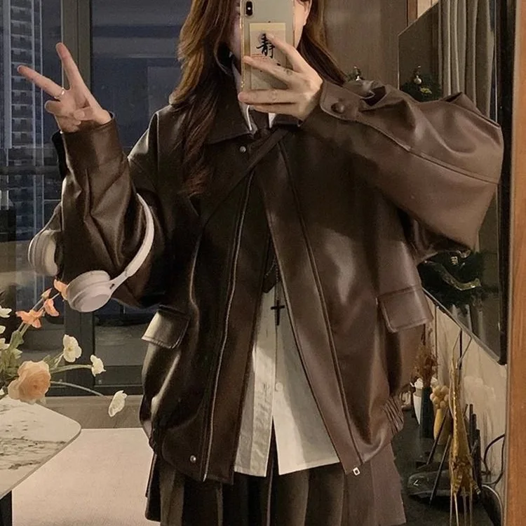 

Модная куртка из искусственной кожи с пальто из овечьей шерсти, женская зимняя куртка Y2K с обеих сторон, новая бархатная куртка с хлопковой подкладкой в виде локомотива