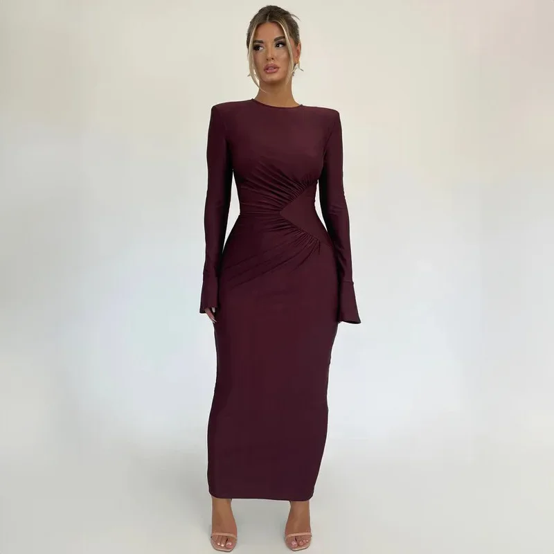 Sexy Long Sleeve Party Club Birthday Bodycon Ruched Maxi Dress Outfits Women Autumn Winter O Neck Y2K Evening Dresses Vestido