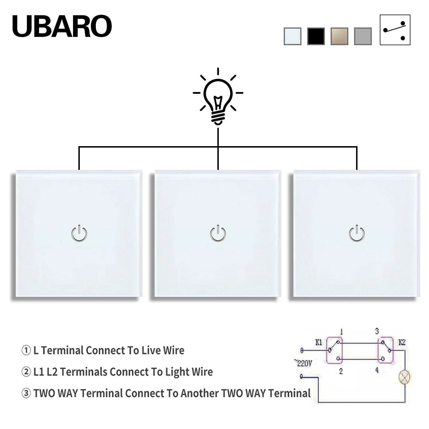 

UBARO EU 86 Series 1Gang 3-позиционные сенсорные двойные переключатели из закаленного стекла, сенсорный переключатель, лестница, сменные переключатели для спальни, 220 В, 2000 Вт