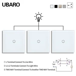UBARO Eu 86 Series 1Gang 3Way Touch Dual Switches Tempered Glass Panel Sensor Switch Stairs bedroom Replace Switches 220V 2000W