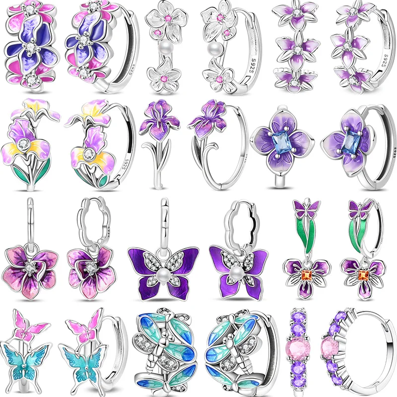 New Original 925 Sterling Silver Purple Iris Butterfly Dragonfly Pink Diamond Hydrangea Flower For Women Exquisite Jewelry Gifts