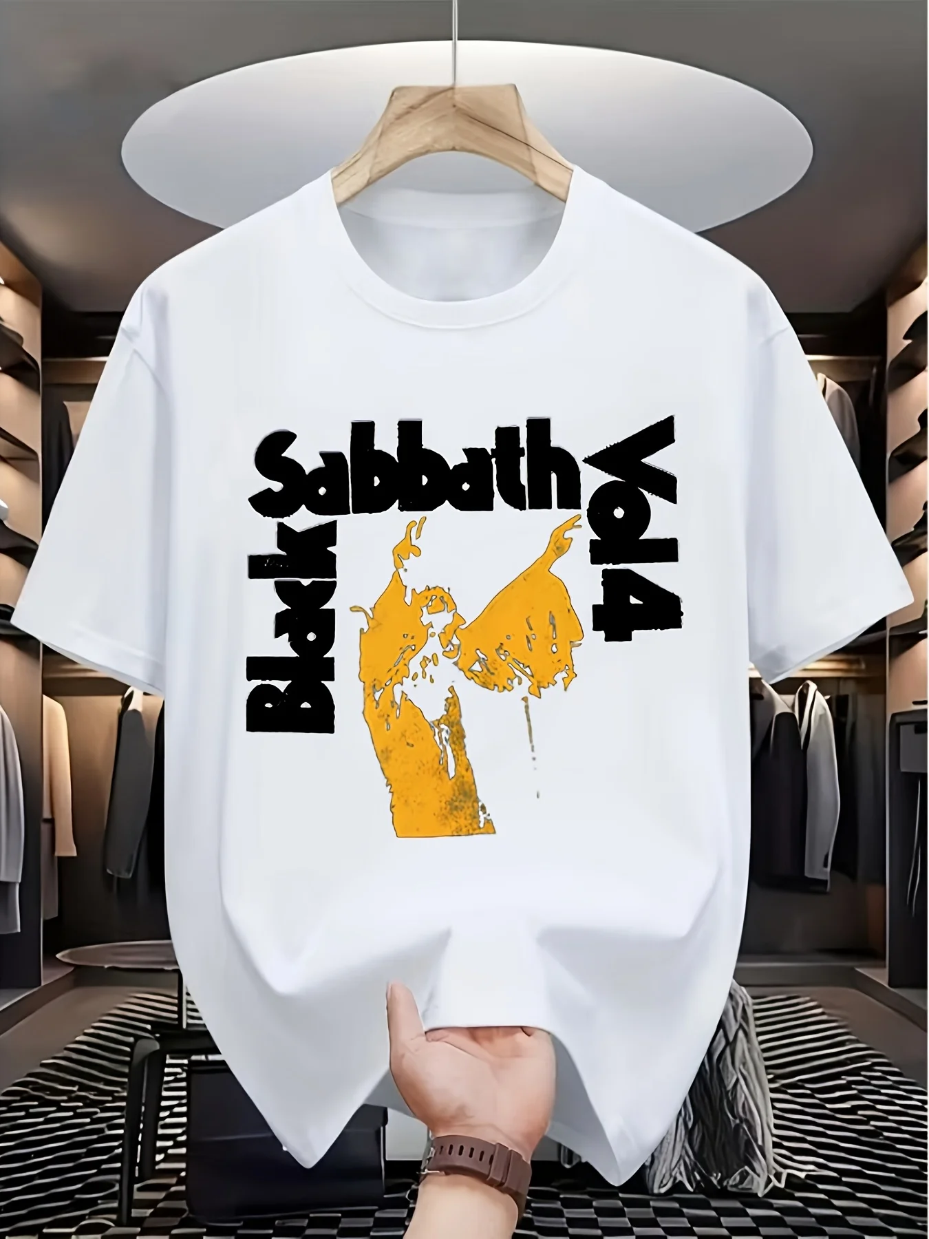 

Men'S Black "Sabbath Vol. 4" Graphic T-Shirt - Breathable Casual Streetwear with Bold Orange Print, Comfortable Round Neck