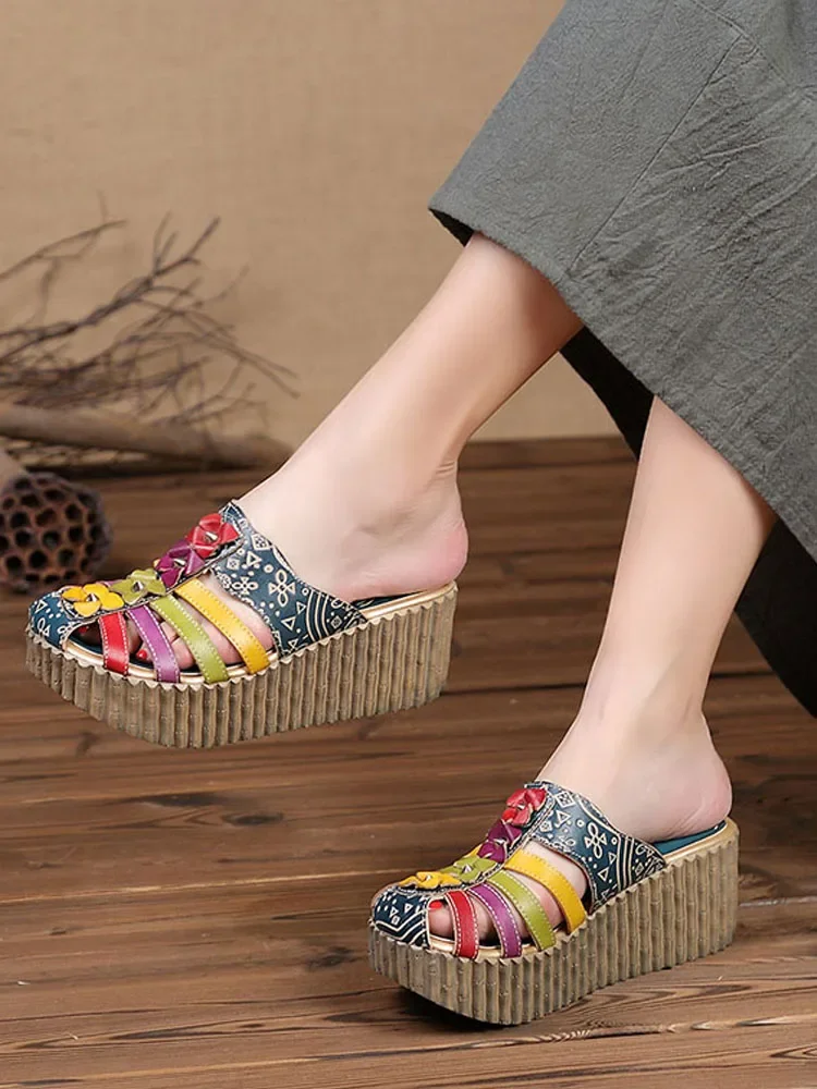 YAERNI Summer New Hand Hollow Out Shoes Women Slides Genuine Leather Cover Toes Flower Woman Platform Slippers