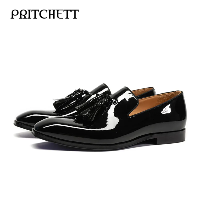 

Black Patent Leather Tassel Loafers Square Toe Low Heel Square Root Shallow Mouth Men's Shoes Slip On Comfortable Casual Shoes