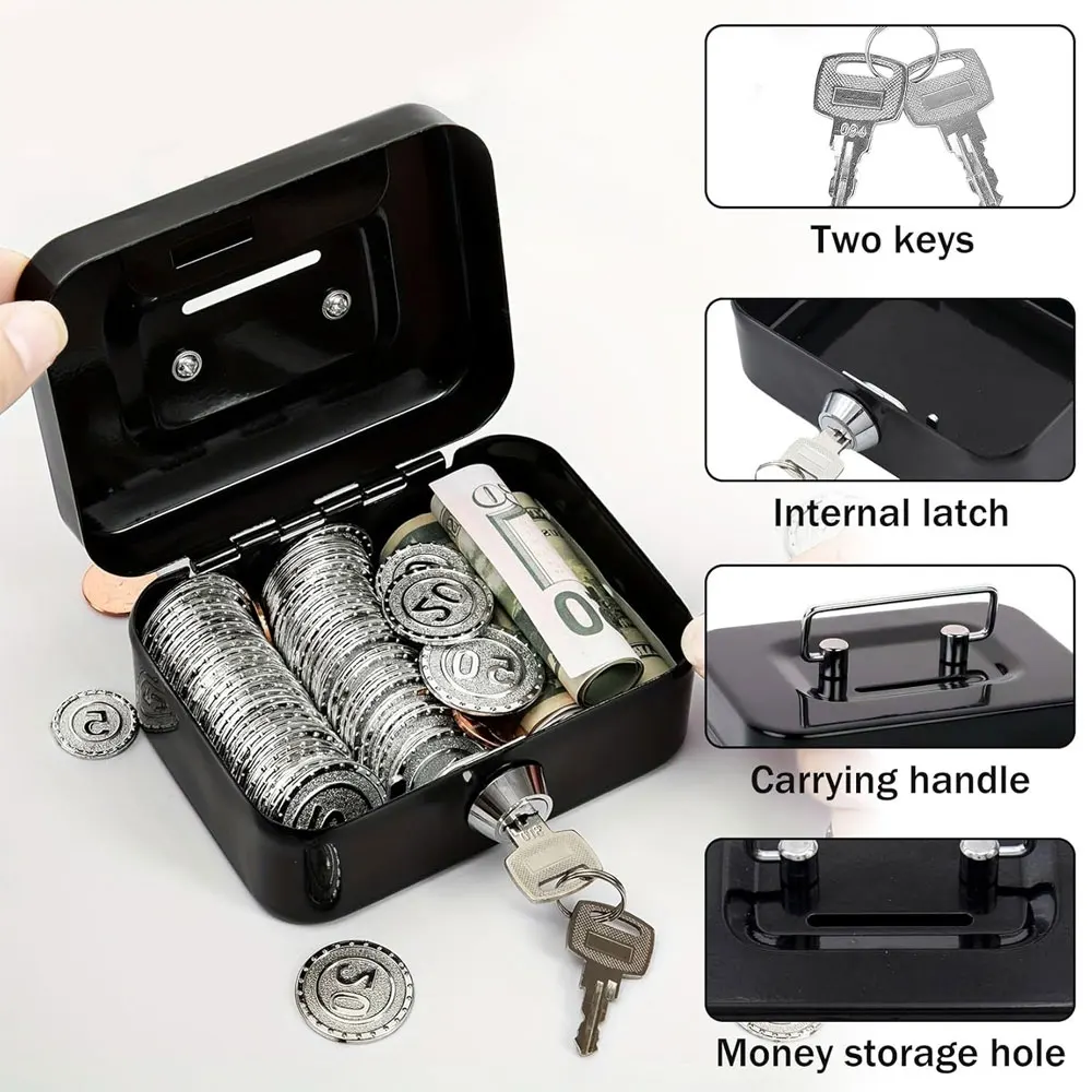 

1pc Lockable Secure Metal Cash Box - Durable cash box for storing banknotes, coins and valuables - Compact and portable.