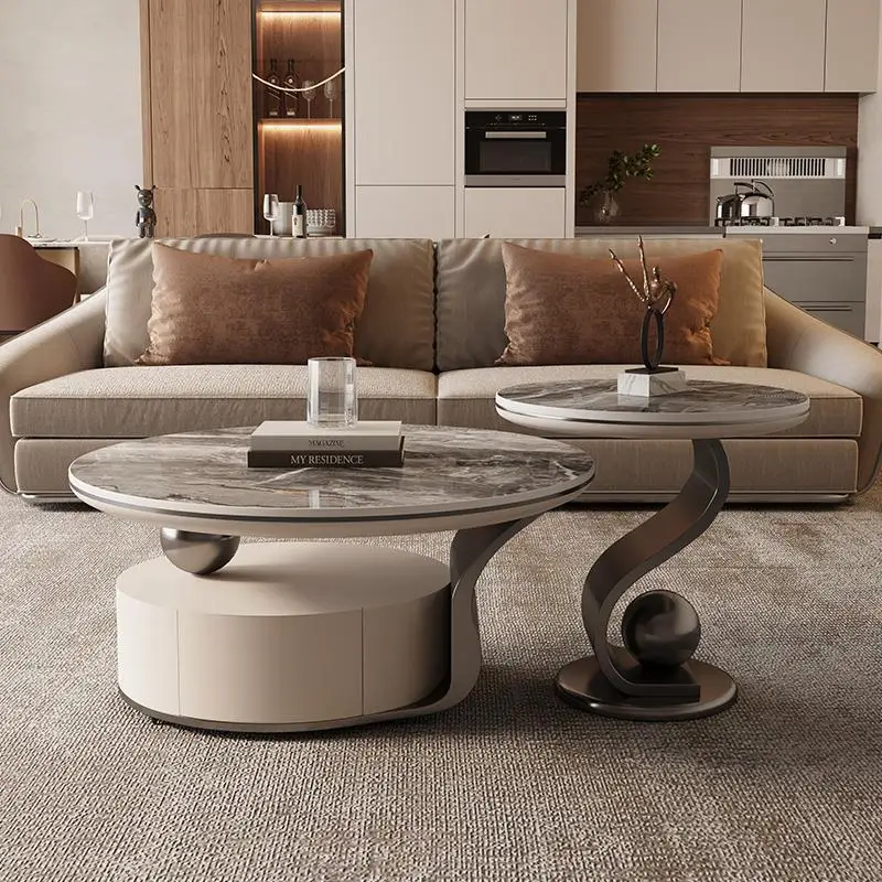 طقم طاولة قهوة حجرية فاخرة على الطراز الإيطالي بتصميم دائري بسيط لغرف المعيشة الصغيرة والشقق