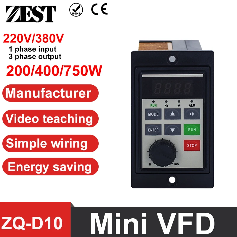 

Mini VFD Variable Frequency Drive Converter 220V 0.2KW/0.4KW/0.75KW for AC Motor Speed Control Inverter