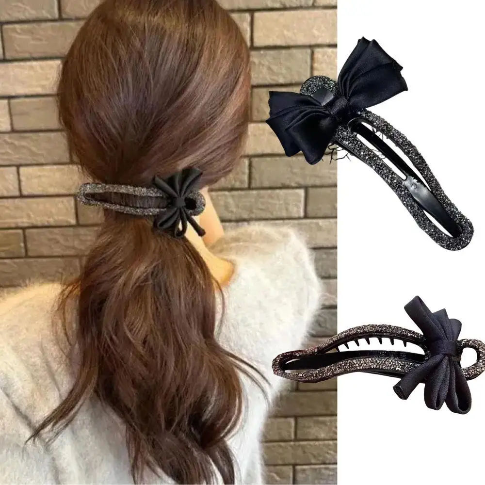 

Classic Black Large Bow Hair Clip Crystal Bowknot Back Head Ponytail Clip Rhinestone Duckbill Clip Hairpin Claw Hair Ornament