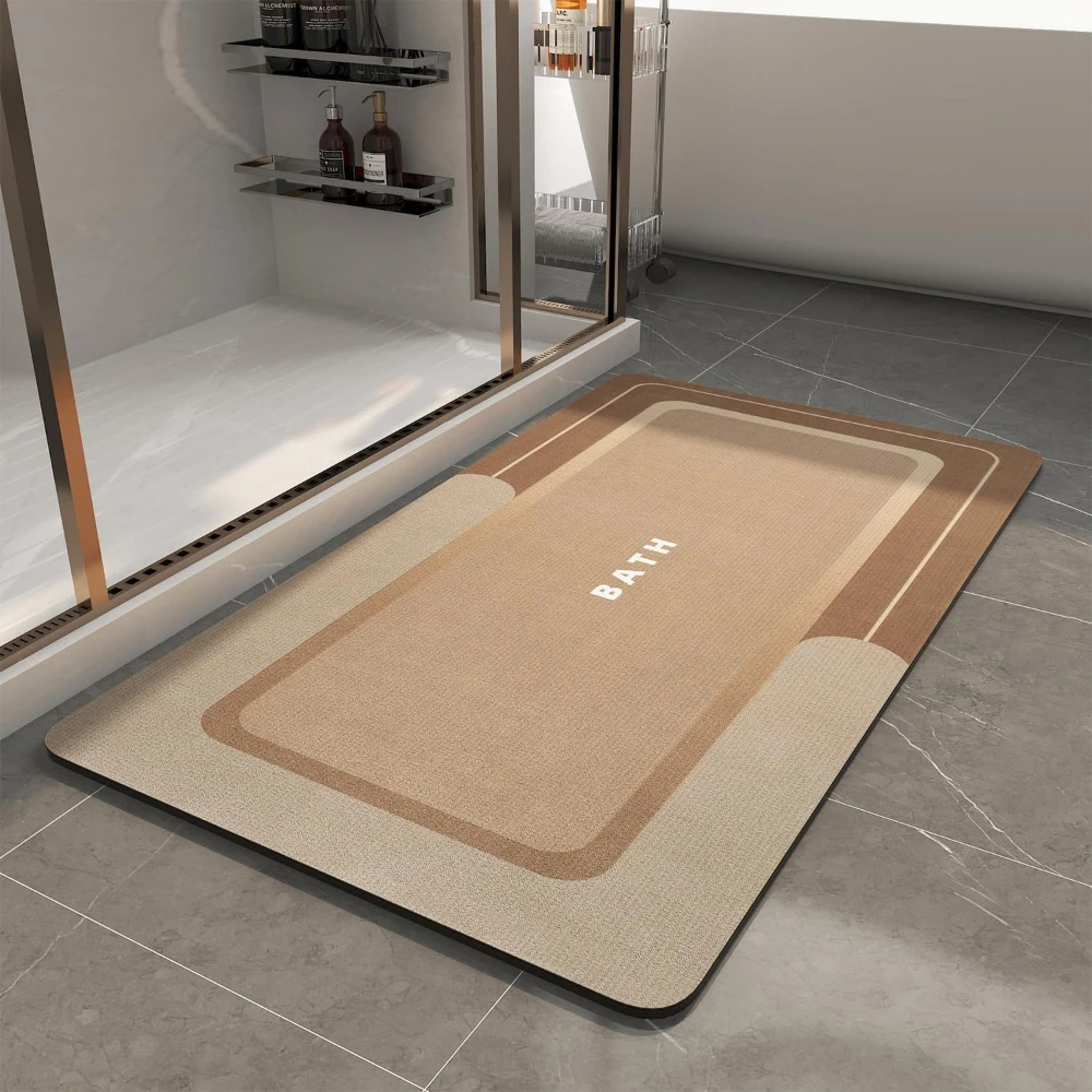 Dark Khaki Frame BATH Bath Mat Quick Dry Entry Rug Two Tone Geometric Print Simple Bathroom Washable Floor Mat
