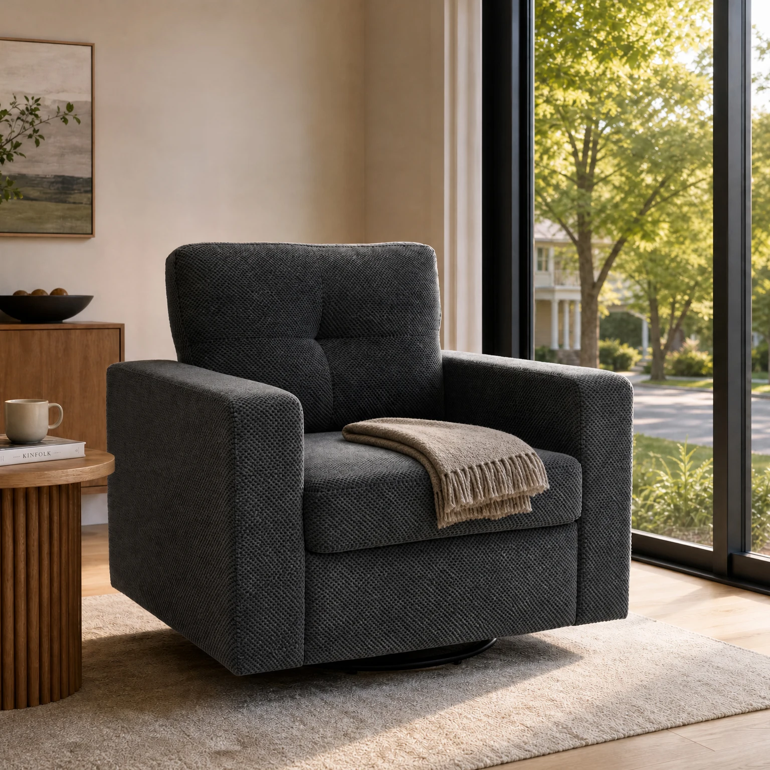 36-Inch Modern Single Sofa 360° Rotatable Wide And Thick Padded Armrests Comfortable Backrest Suitable For Living Room Bedroom Apartment Small Space Office Reading Corner And Other Scenarios