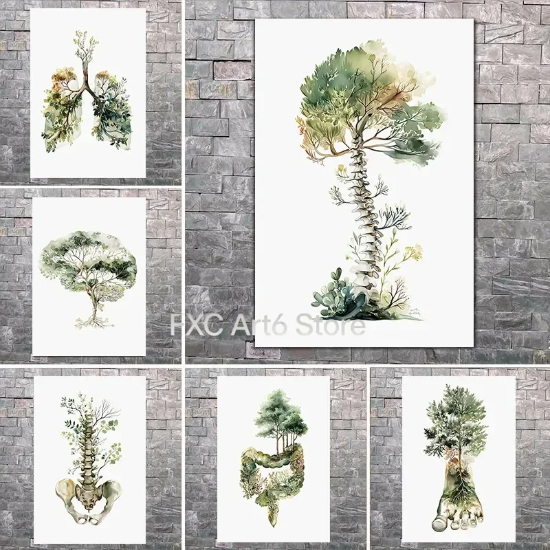1PCS frameless Póster de anatomía botánica en acuarela: pulmones, cerebro, columna vertebral y árbol. Arte de pared para decorac