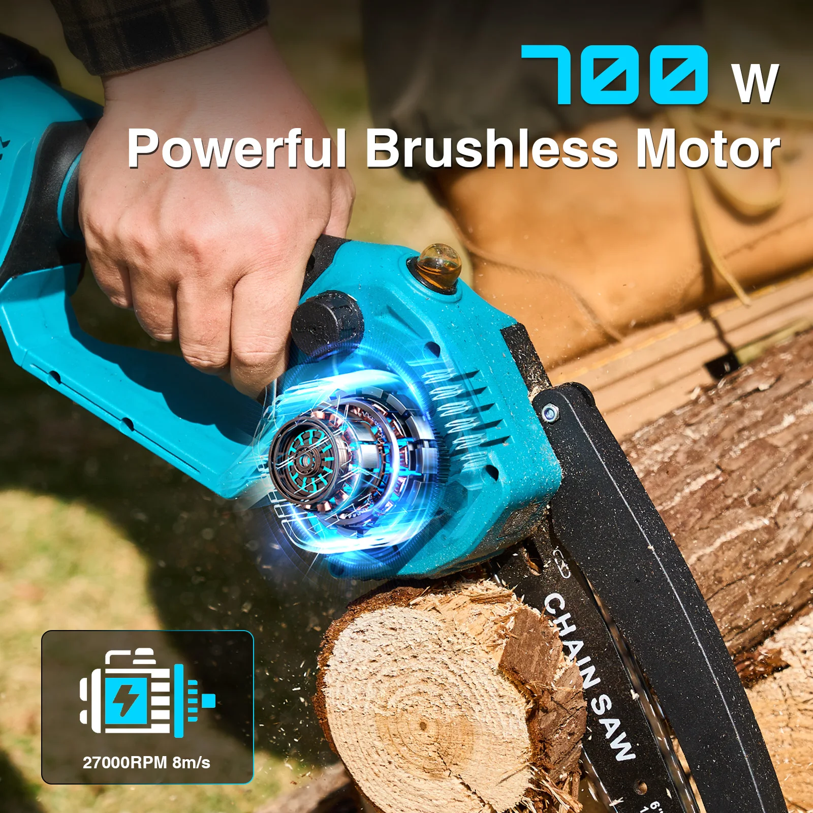 TaskStar 6" bürstenlose Kettensäge, 700-W-Motor, automatische Ölung, Mini-Akku-Astschere zum Beschneiden von Bäumen, Garten-Elektrowerkzeug für Makita 18-V-Akku (mit 2x2,0-Ah-Akkus) – Detail 3