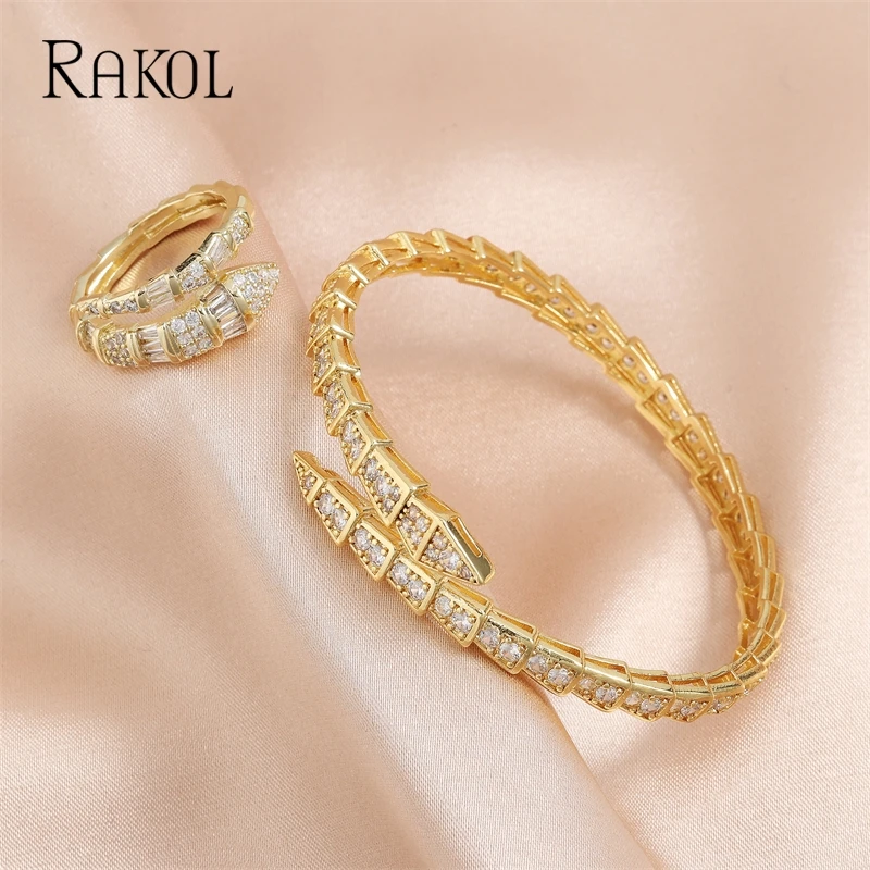 RAKOL Fashion Design Snake Bone Open Bangles Ring Sets for Women INS Trendy T Shape Zircon Party Daily Jewelry Set